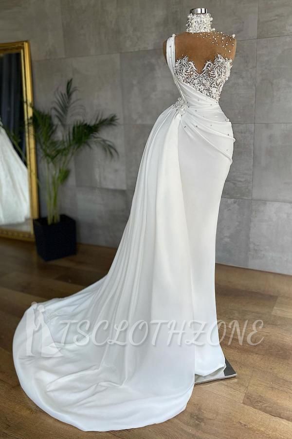 Sexy Halter Crystals Pearls Mermaid Wedding Gown with Cape