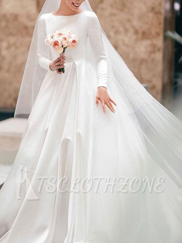 Gorgeous White Satin Ruffles A-Line Wedding Dresses With Long Sleeves