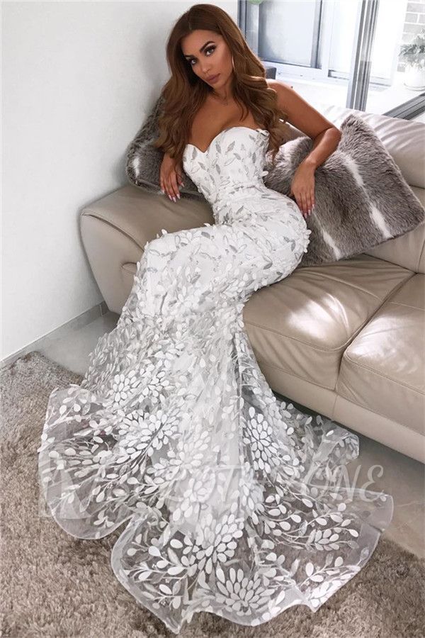 Open Back Leaf Appliques Sexy Prom Dresses | Mermaid Sweetheart Evening Dress