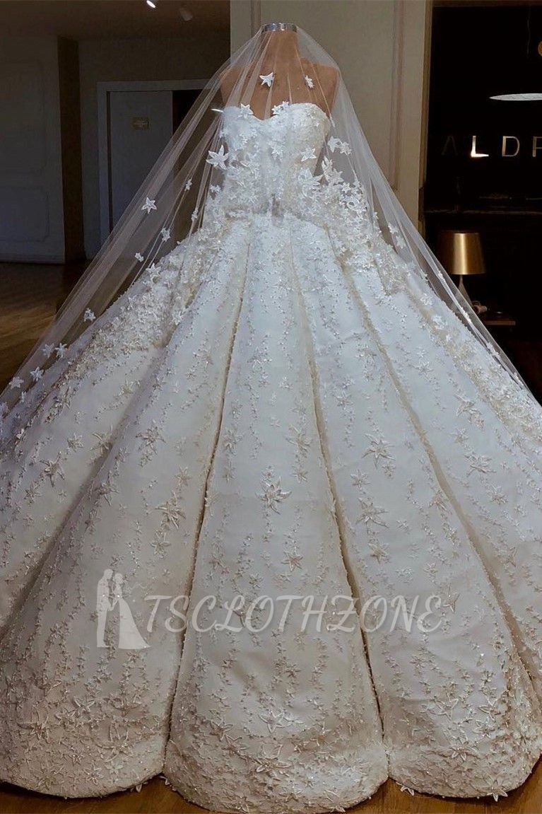 TsClothzone Sexy Sweetheart A-line Satin Wedding Dresses With Appliques White Ruffles Lace Bridal Gowns Online