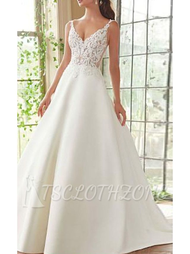 A-Line Wedding Dress V-Neck Lace Satin Spaghetti Strap Bridal Gowns Court Train