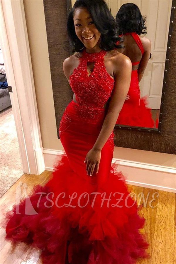 Backless Mermaid Tulle Ruffles Delicate Beads Appliques Halter Prom Dresses