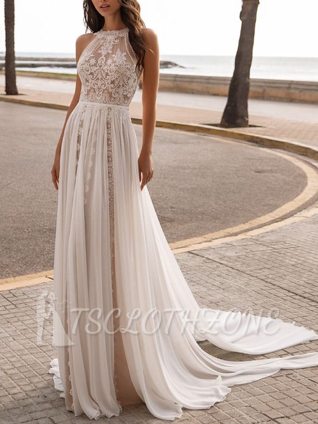 Boho A-Line Chiffon Wedding Dress Beach Tulle Lace Sleeveless Bridal Gowns On Sale