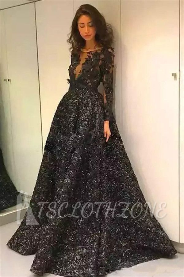 Glamorous Black Elegant Long Sleeves Evening Dresses Online | 3D Flowers Sexy Open Back Prom Dresses