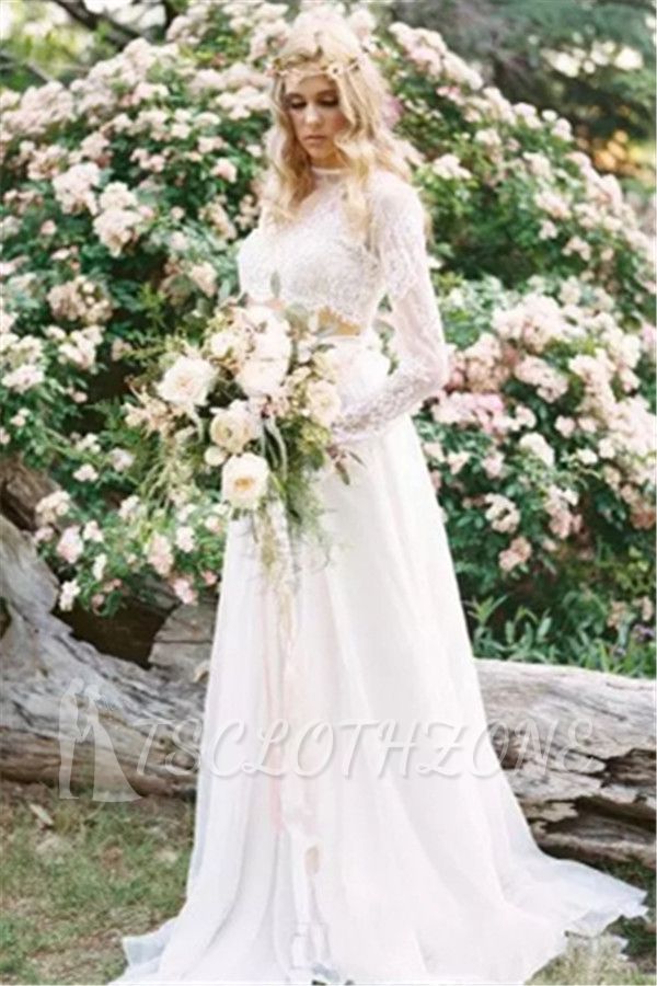 Chiffon-Langarm-Spitze zweiteilige elegante Brautkleider in A-Linie