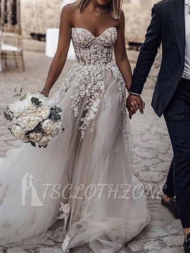Romantic A-Line Sweetheart Tulle Wedding Dress Boho Beach Lace Bridal Gowns Online