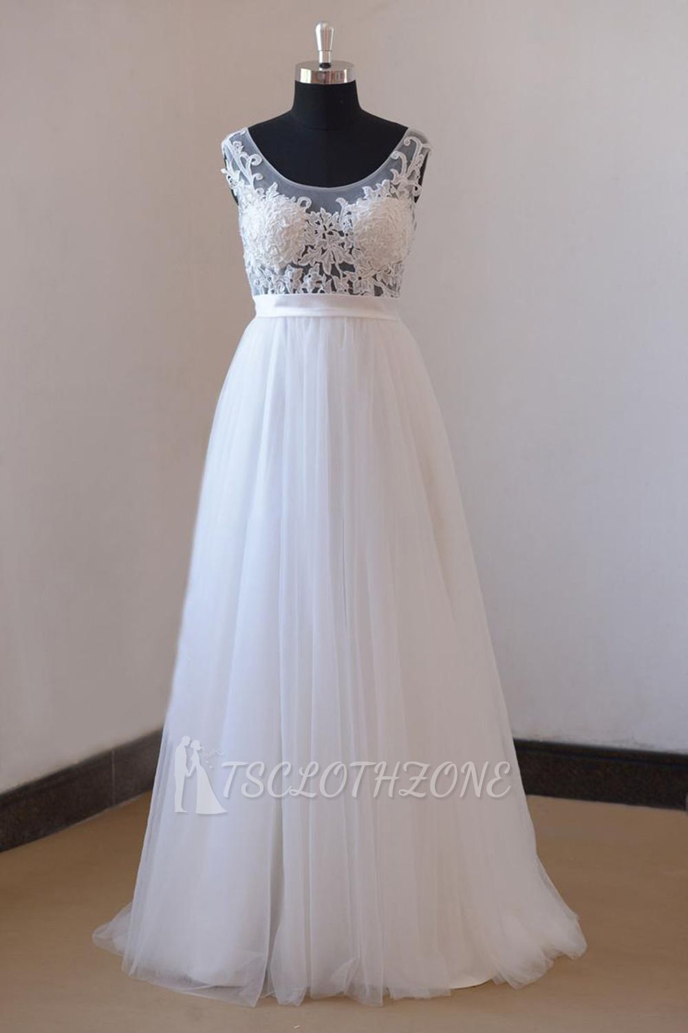 Wunderschönes ärmelloses Hochzeitskleid mit Juwelenapplikationen | Tüll Rüschen Weiße Brautkleider