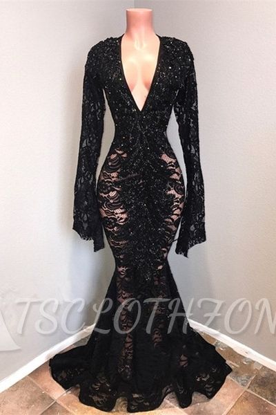 Sexy Black Lace V-Ausschnitt mit langen Ärmeln Mermaid Prom Dresses | Günstige schiere bodenlangen Abendkleider