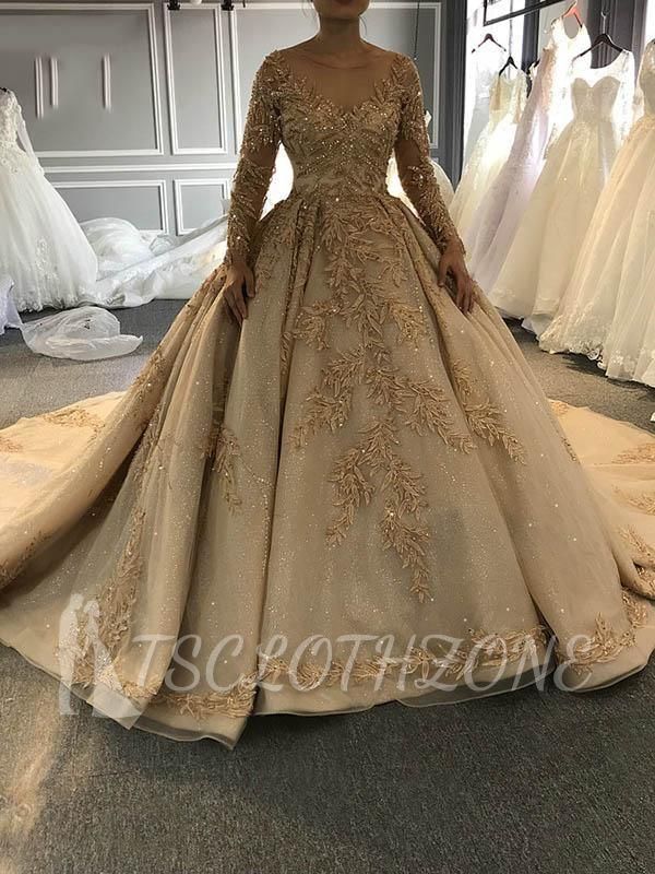 Gold Appliques Sparkling Beads Ball Gown Wedding Dresses | Sheer Tulle Long Sleeve Bridal Gowns