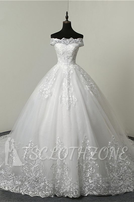 TsClothzone Ball Gown White Tulle Sleeveless Wedding Dresses Off-the-Shoulder Lace Appliques Bridal Gowns