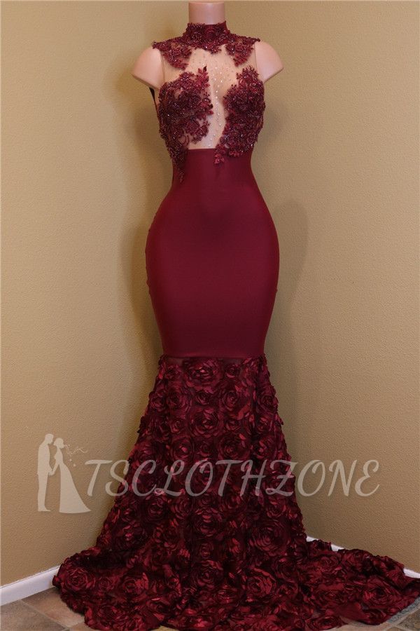 Burgundy Lace Prom Dresses with Roses Bottom | Sexy Sheath Sleeveless Cheap Evening Dress Online