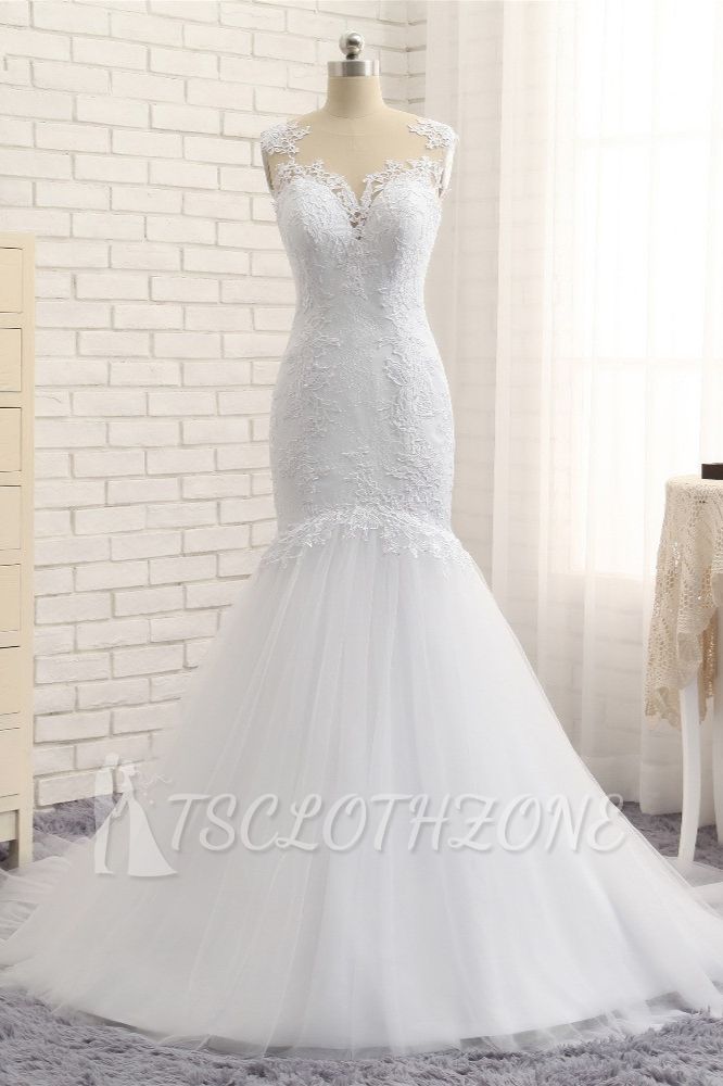 TsClothzone Stunning Jewel White Tulle Lace Wedding Dress Appliques Sleeveless Bridal Gowns On Sale