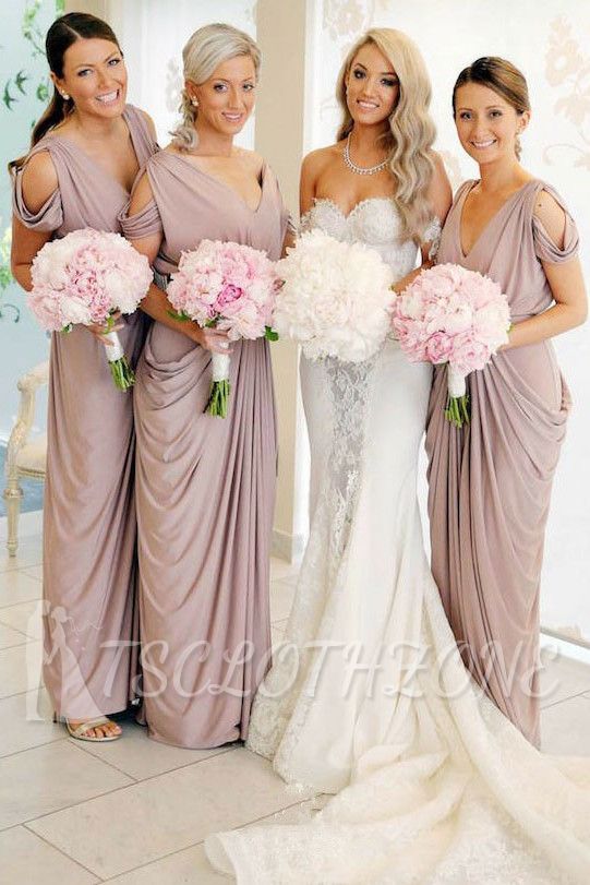 Simple V-Neck Sheath Bridesmaid Dresses | Floor Length Ruffles Evening Dress