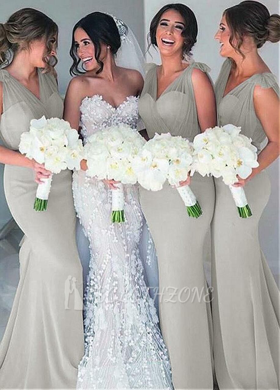 Langes Chiffon-V-Ausschnitt Graues langes Meerjungfrau-Brautjungfernkleid in voller Länge