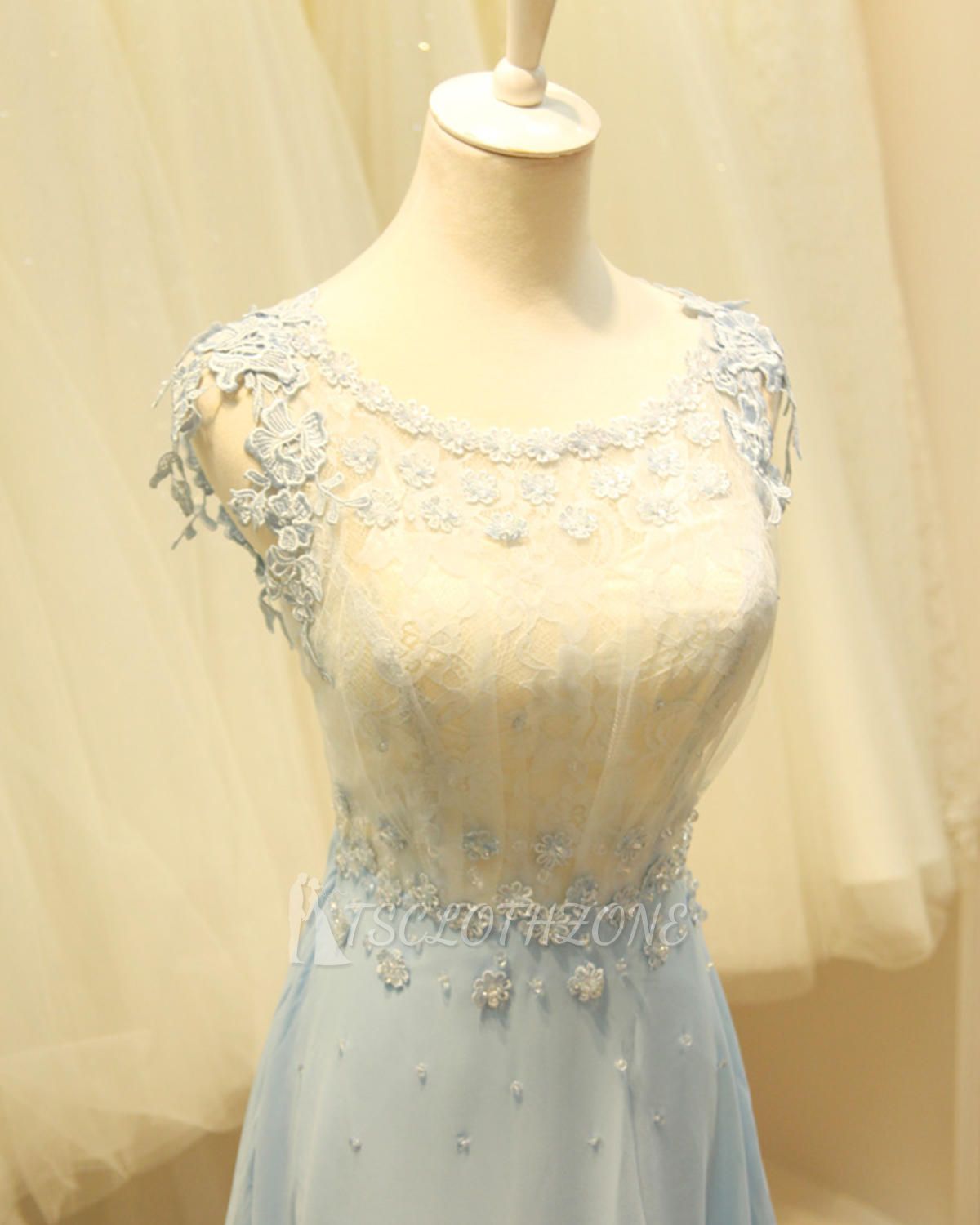 Baby Blue Evening Dresses with Flowers Lace Appliques Pretty Long Prom Gowns with Pearls