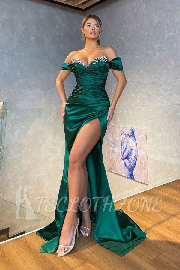 Long Dark Green Side Slit Satin Evening Dress | Side Slit Satin Ball Gown