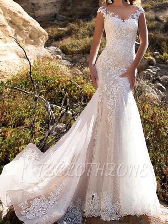 Glamouröses Meerjungfrauen-Hochzeitskleid Jewel Lace Tüll Ärmellose Brautkleider mit Kapellenschleppe