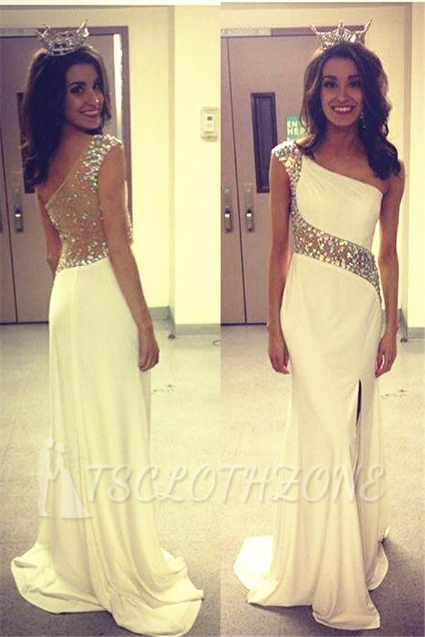 One Shoulder A-Line Elegant Evening Dresses 2022 Side Slit Sweep Train Prom Gowns with Beadings