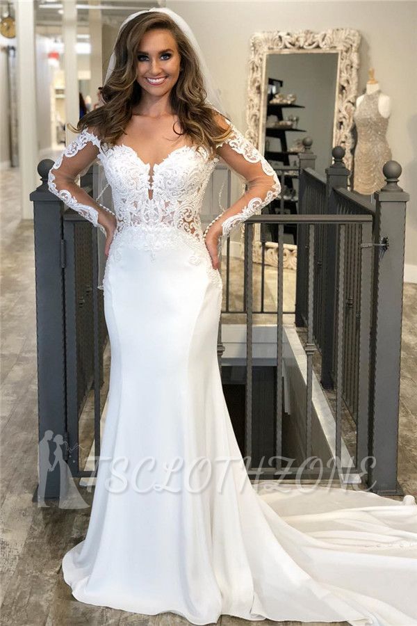 Glamorous Appliques Off The Shoulder Wedding Dresses | Mermaid Long Sleeve Bridal Gowns