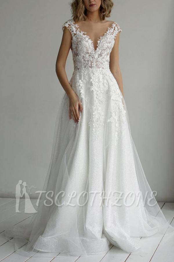 Cheap Sparkly V Neck A Line Wedding Dresses With Lace