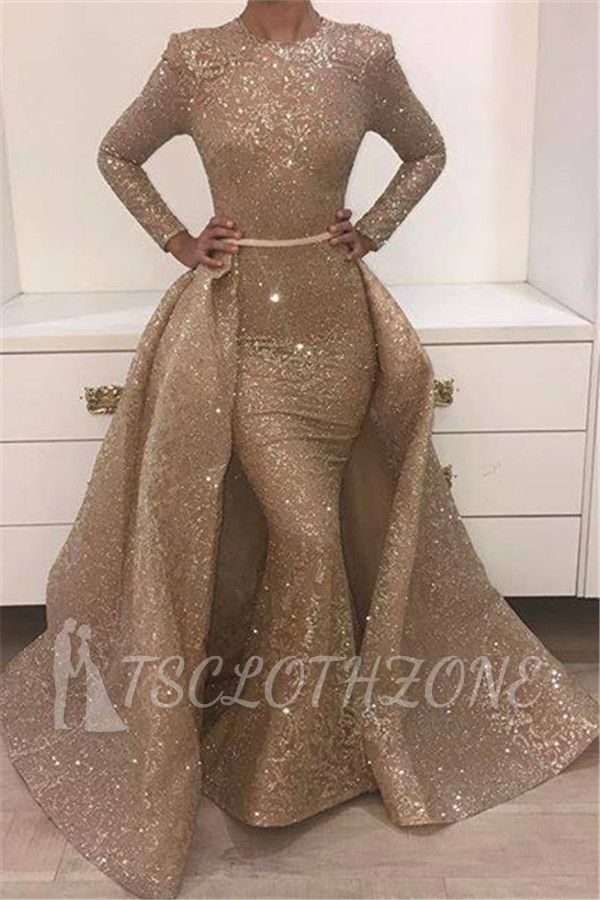 Amazing Sparkle Long Sleeve Sequins Evening Dresses Mermaid Overskirt 2022 Popular Prom Dresses