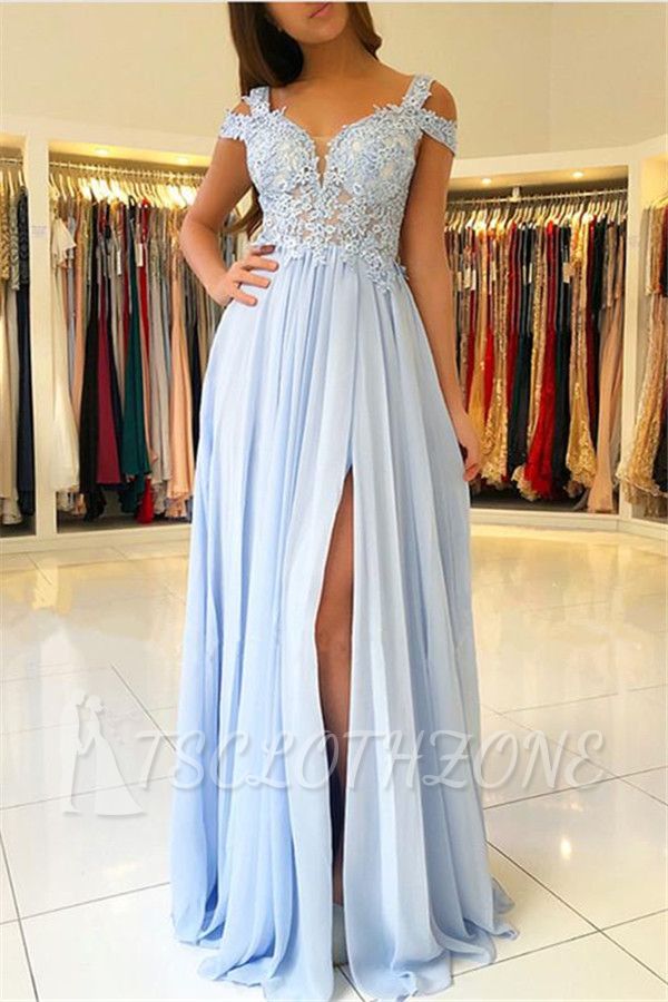 Lace Appliques Open Back Prom Dresses 2022 | Chiffon Sexy Slit Cheap Formal Evening Dress