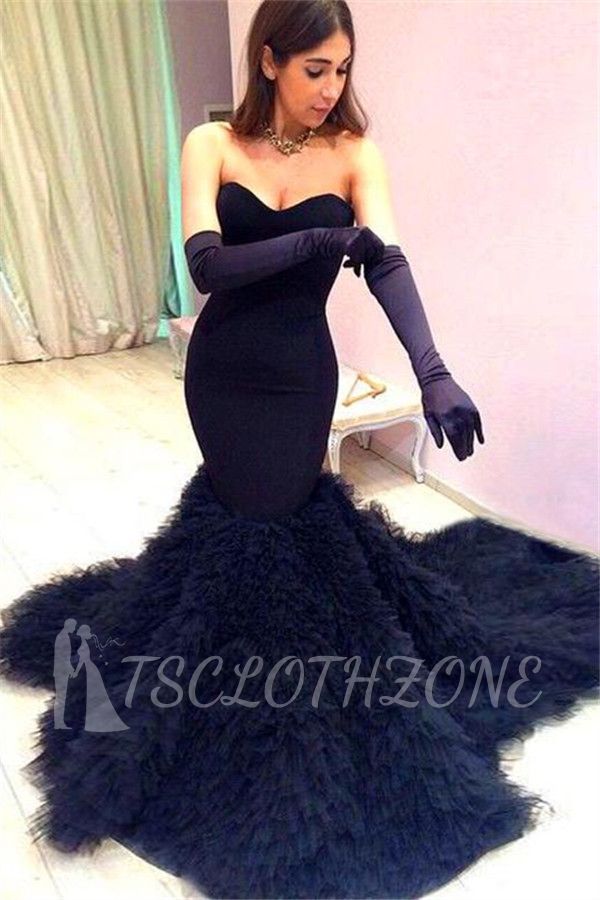 Black Mermaid Sweetheart Prom Dresses 2022 Ruffles Tulle Strapless Cheap Evening Gowns