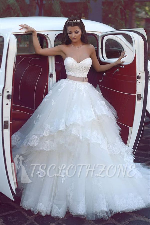 2022 Sweetheart Ruffles Lace Wedding Dresses Strapless Tulle Cheap Bridal Gowns