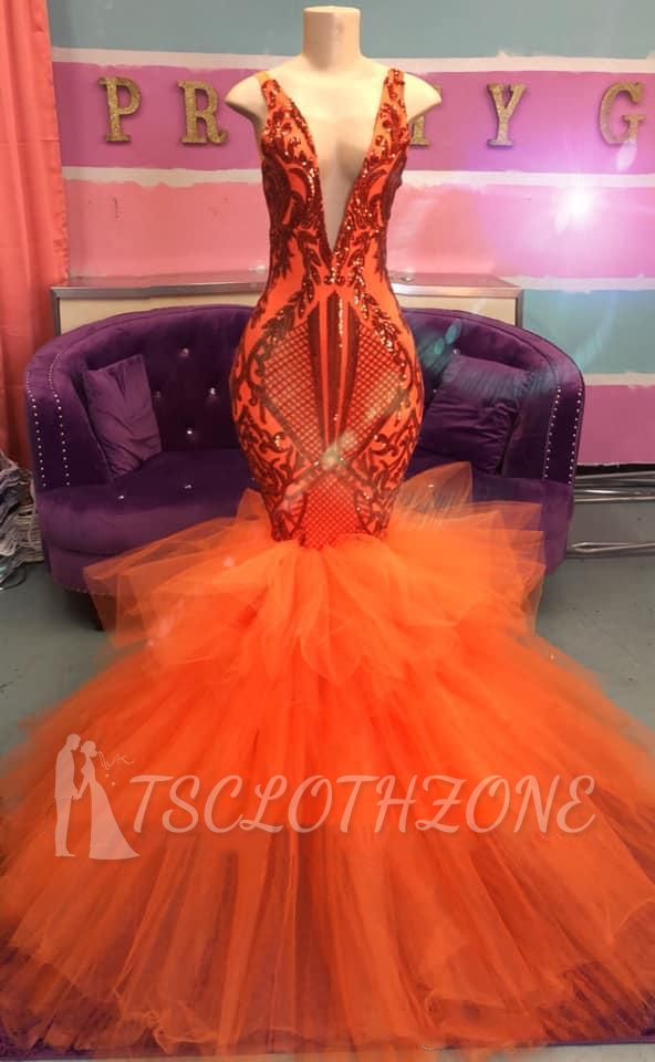 Sexy Sleeveless Deep V-neck Tulle Puffy Train Orange Prom Dress