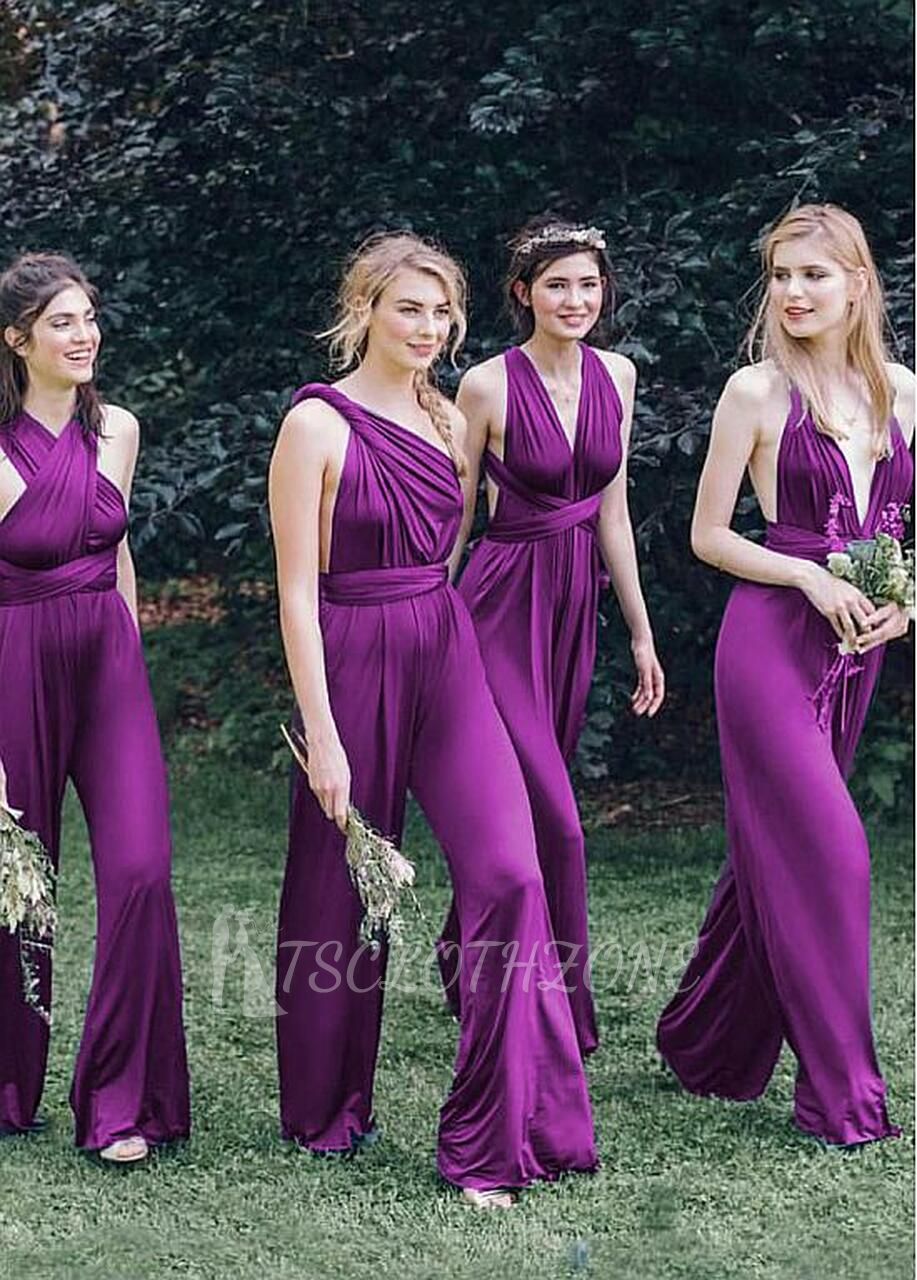 Convertible Jumpsuits Spandex V-neck Purple Full-length Bridesmaid Dress