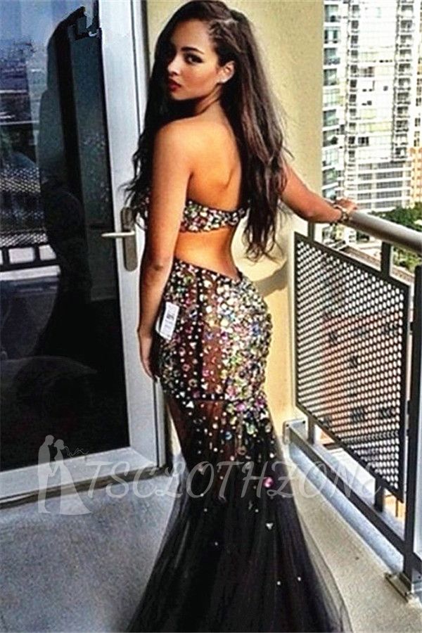 Strapless Backless 2022 Evening Dresses Black Tulle Sparykly Crystals Prom Dress