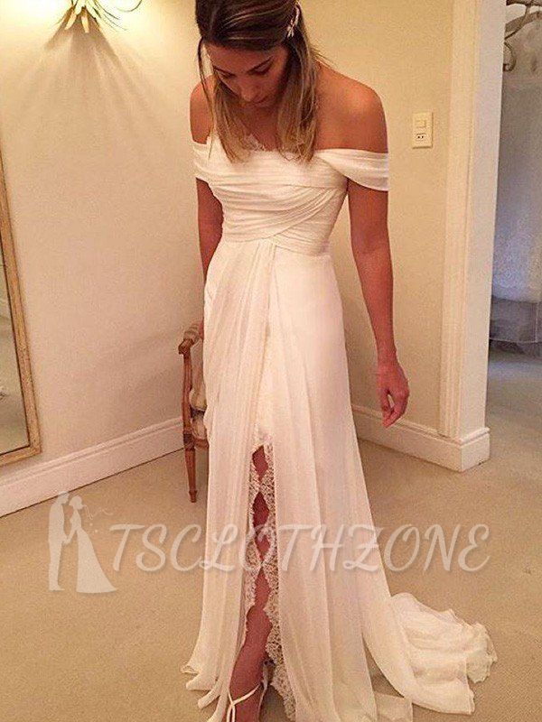 Sweep Train Chiffon A-Line Ruffles Off-the-Shoulder Sleeveless Wedding Dresses