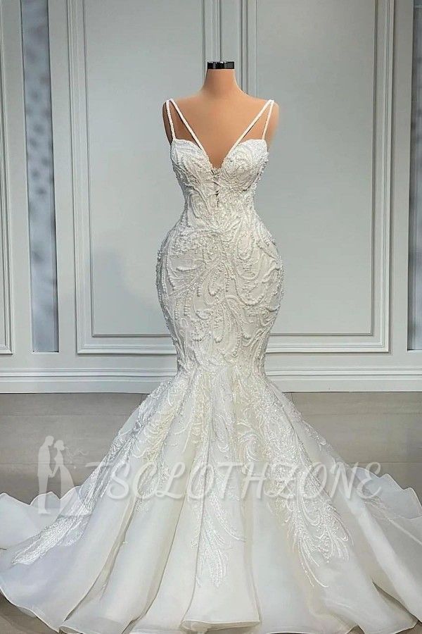 Luxurious Spaghetti Strap Mermaid Lace Wedding Dress