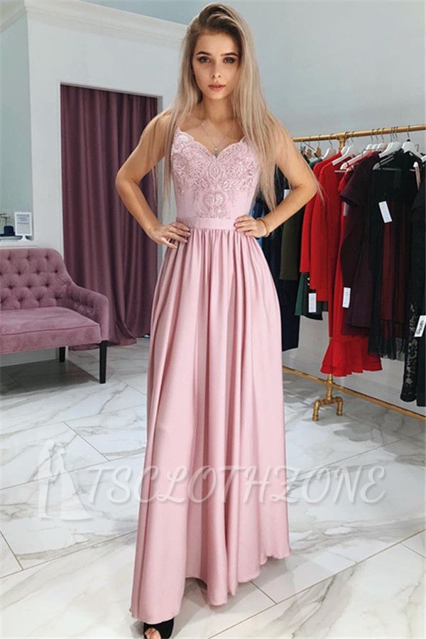 Einfache rosa ärmellose Abendkleider 2022 | A-Linien-Abschlussballkleid mit seitlichen Schlitzen und Applikationen