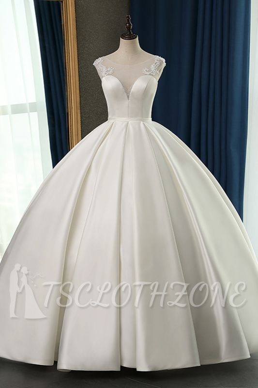 TsClothzone Chic Satin Ball Gown Jewel Wedding Dress Sleeveless Appliques Ruffles Bridal Gowns On Sale