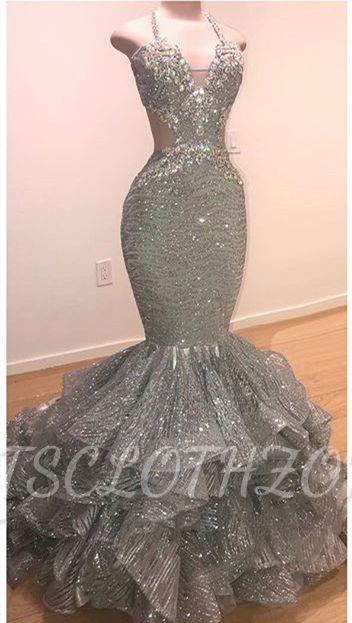 Spaghetti Straps Open Back Silver Grey Prom Dresses | Mermaid Tiered Ruffles Sexy Formal Dresses Cheap