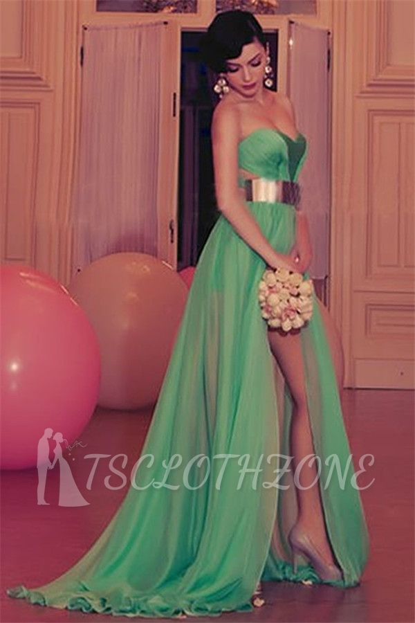 Sexy Sweetheart 2022 Chiffon Evening Dress with Gold Belt Green Sexy Party Dresses with Split