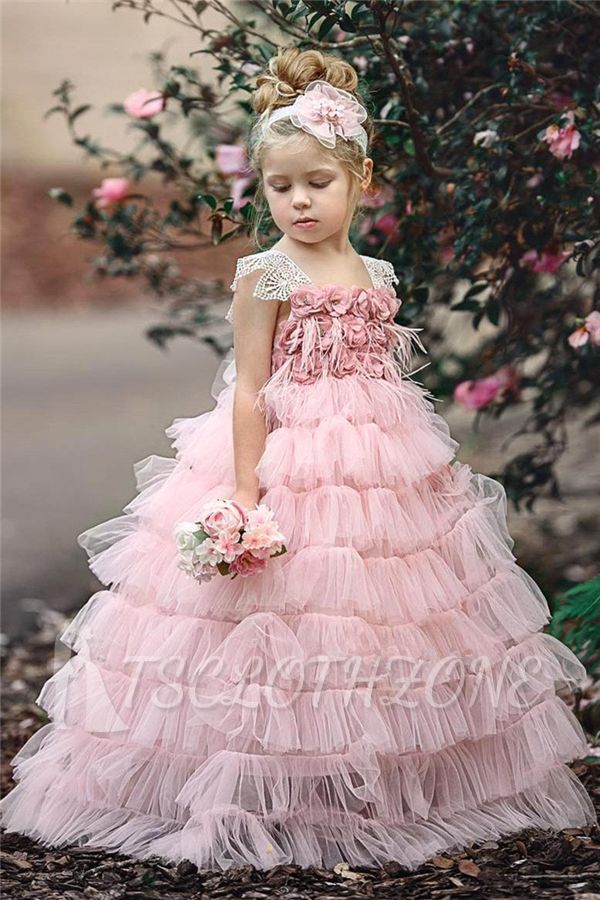 Schöne rosa Tüll Blumenmädchenkleider billig | Günstige Blumen süße Mädchen Festzug Kleider 2022