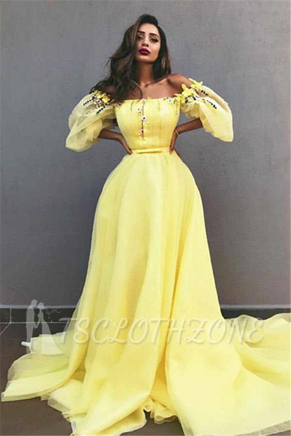 Yellow Off the Shoulder Half Sleeves Evening Dresses | New in Crystals Formal Dresses Online