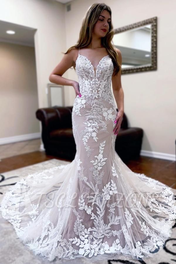 Fashion Juwel Sleeveless Mermaid Lace Backless Wedding Dresses