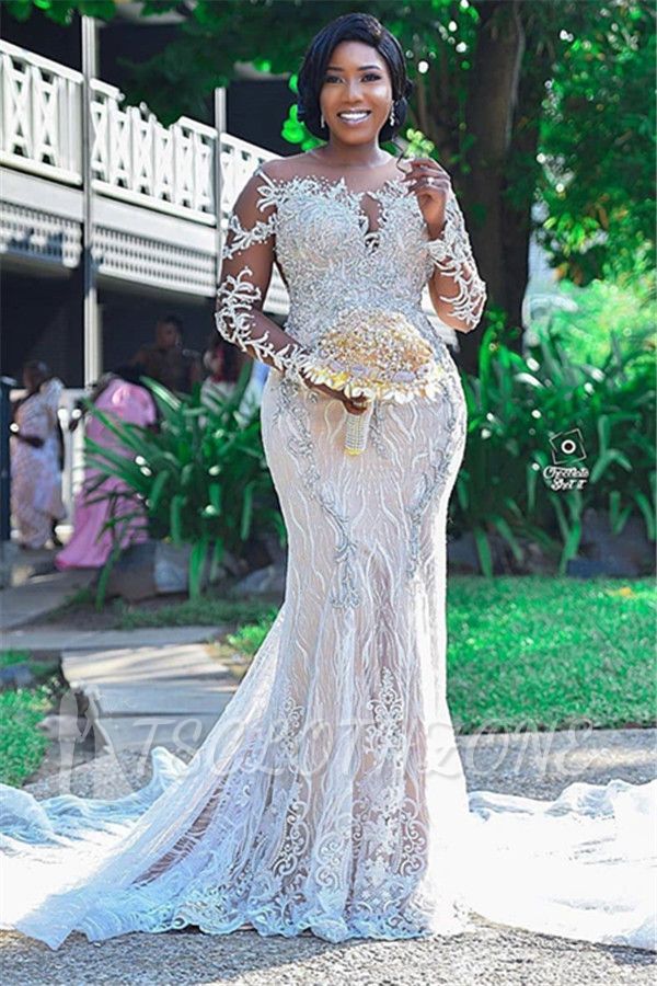 Lace Appliques Mermaid Wedding Dress| Long Sleeve Plus Size Bridal Dresses