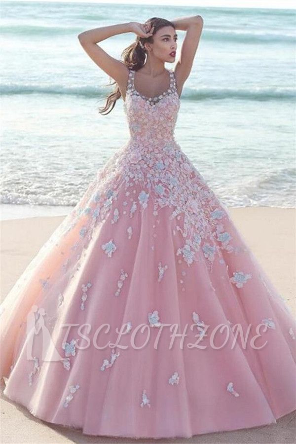 Affordable Flowers Lace Appliques Pink Sexy Evening Gowns Sleeveless Popular Prom Dress