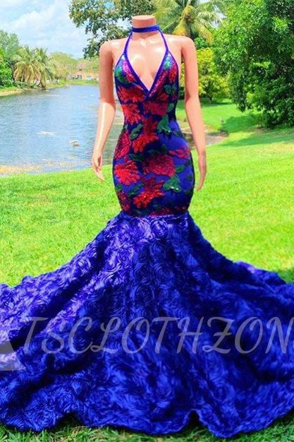 V-neck navy blue flowers mermaid prom dress