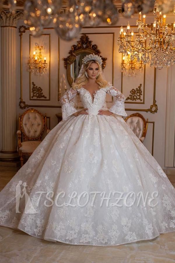 Elegant Sweetheart Long Sleeve Ball Gown Lace Wedding Gowns Bridal Dresses