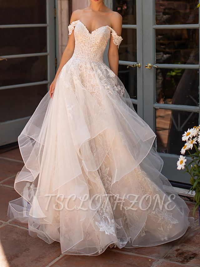Off The Shoulder Tulle Appliques Ruffles Wedding Dresses Long