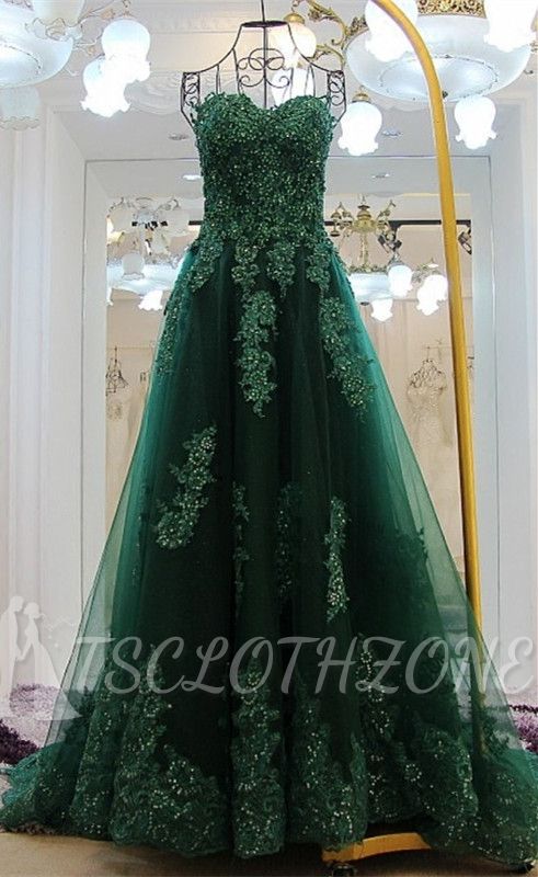 Elegant Lace Sequins Evening Dresses 2022 A-line Court Train Dark Green Party Dress