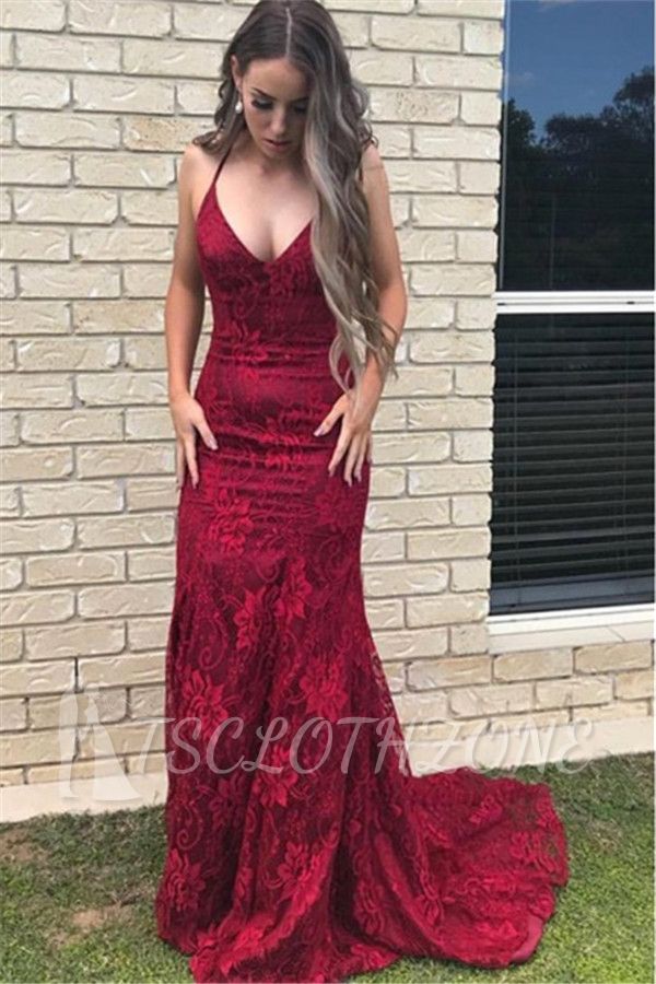 Burgundy Sheath Lace Evening Dresses | Spaghetti Straps Sexy Prom Dresses 2022