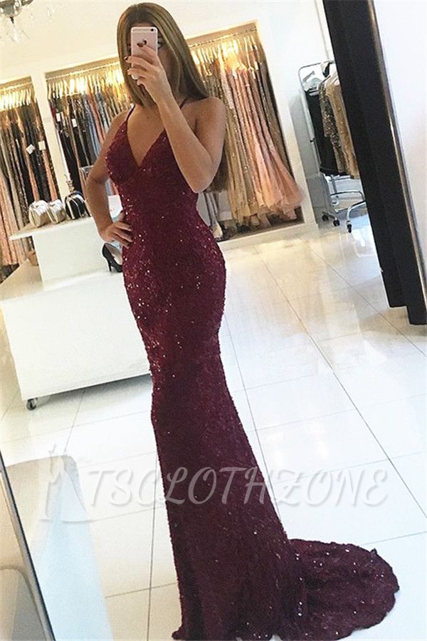 2022 Sexy Burgundy Shiny Sequins Evening Gowns V-neck Straps Backless Formal Prom Dress