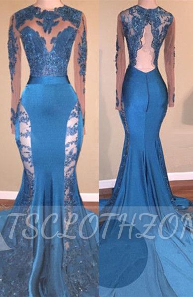 Long Sleeves Lace Appliques Open Back Brush Train Mermaid Prom Gowns