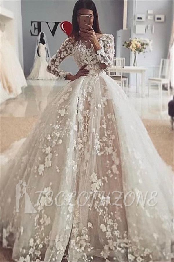 Delocate Lace Appliques Long Sleeves Wedding Dresses | Floral Puffy Ball Gown Bridal Dresses